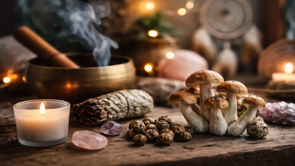 Truffes magiques et champignons sur une table en bois avec des bougies, des cristaux et des &eacute;l&eacute;ments c&eacute;r&eacute;moniels dans une ambiance chaleureuse et apaisante