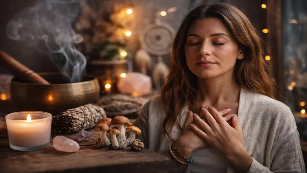 Femme en m&eacute;ditation calme avec les yeux ferm&eacute;s et les mains sur la poitrine, entour&eacute;e de bougies, de truffes et d&rsquo;&eacute;l&eacute;ments naturels symbolisant l&rsquo;auto-r&eacute;flexion et la paix int&eacute;rieure