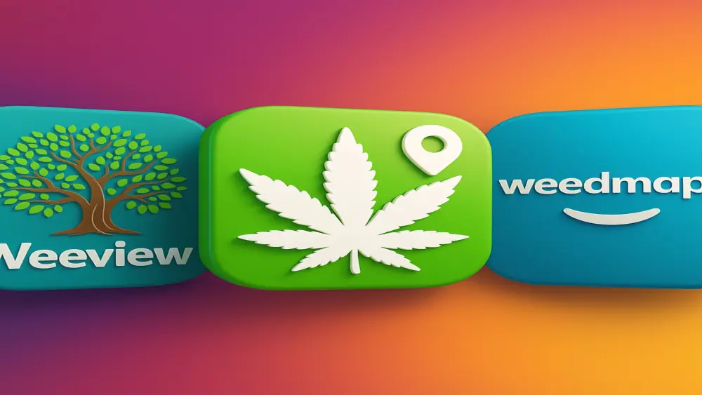 Image de style 3D des ic&ocirc;nes des applications Weeview, Greenmeister et Weedmaps, pr&eacute;sent&eacute;e dans une mise en page ludique et color&eacute;e avec des formes rondes et douces.