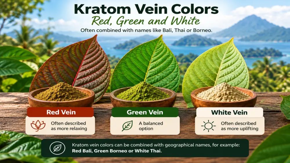 Diff&eacute;rence entre les kratoms rouge, vert et blanc et les appellations g&eacute;ographiques du kratom