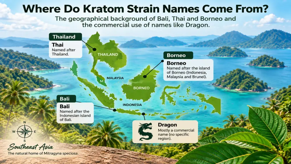 Origines des appellations de kratom &laquo; Bali &raquo;, &laquo; Thai &raquo; et &laquo; Born&eacute;o &raquo; en Asie du Sud-Est