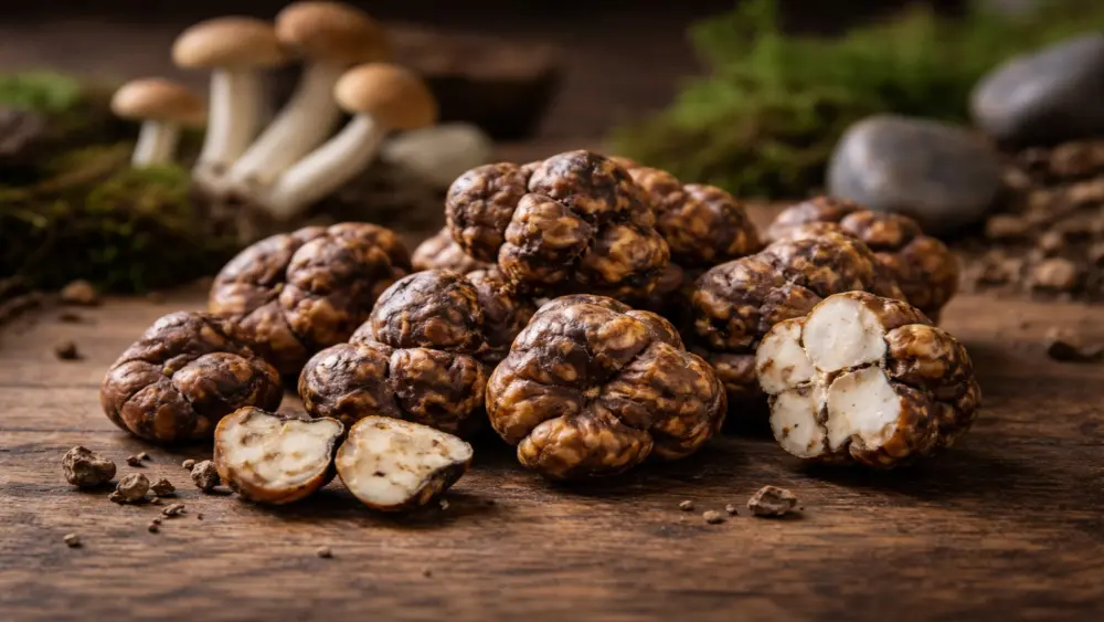 Truffes fra&icirc;ches &agrave; la psilocybine (scl&eacute;rotes) sur table en bois avec arri&egrave;re-plan naturel