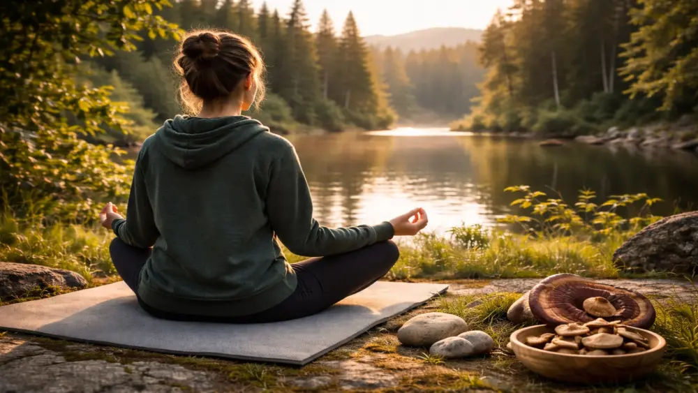 personne m&eacute;ditant dans la nature pr&egrave;s d&rsquo;un lac comme moment de repos pendant la pr&eacute;paration des &eacute;tudes
