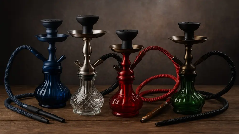 Diff&eacute;rentes chichas color&eacute;es et design sur une table en bois &ndash; mod&egrave;les bleus, rouges, verts et transparents avec d&eacute;tails m&eacute;talliques dans une lumi&egrave;re chaude