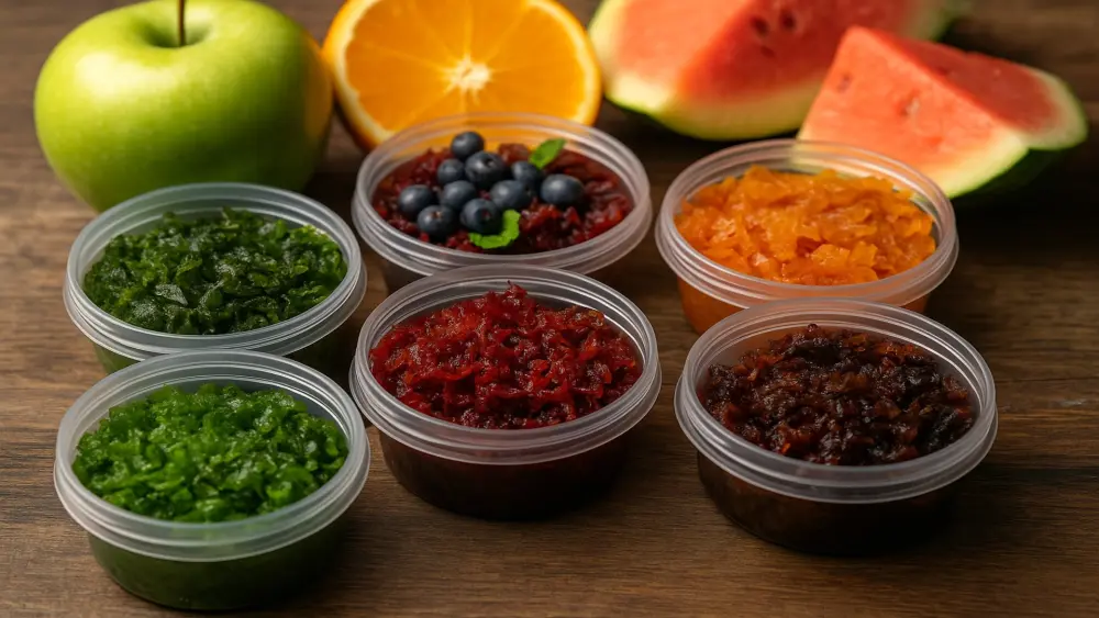 Diff&eacute;rentes saveurs de tabac &agrave; chicha dans des pots ouverts avec fruits &ndash; pomme, past&egrave;que, orange et myrtille sur fond en bois.