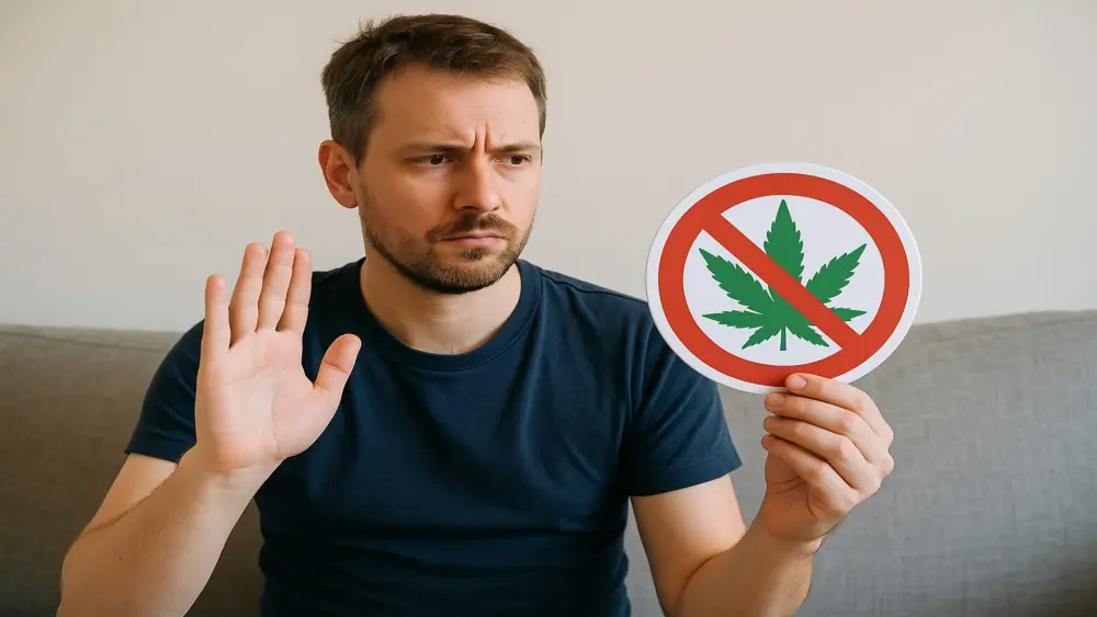 Homme souhaitant arr&ecirc;ter sa consommation de cannabis, assis sur un canap&eacute; et tenant un panneau d&rsquo;arr&ecirc;t avec une feuille de cannabis barr&eacute;e.