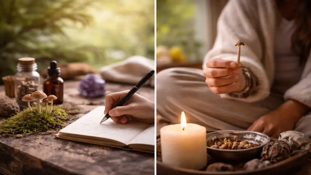 Un cadre apaisant propice au microdosage et &agrave; l'introspection, o&ugrave; une personne tient un journal intime sous l'influence de la psilocybine, entour&eacute;e d'&eacute;l&eacute;ments naturels.