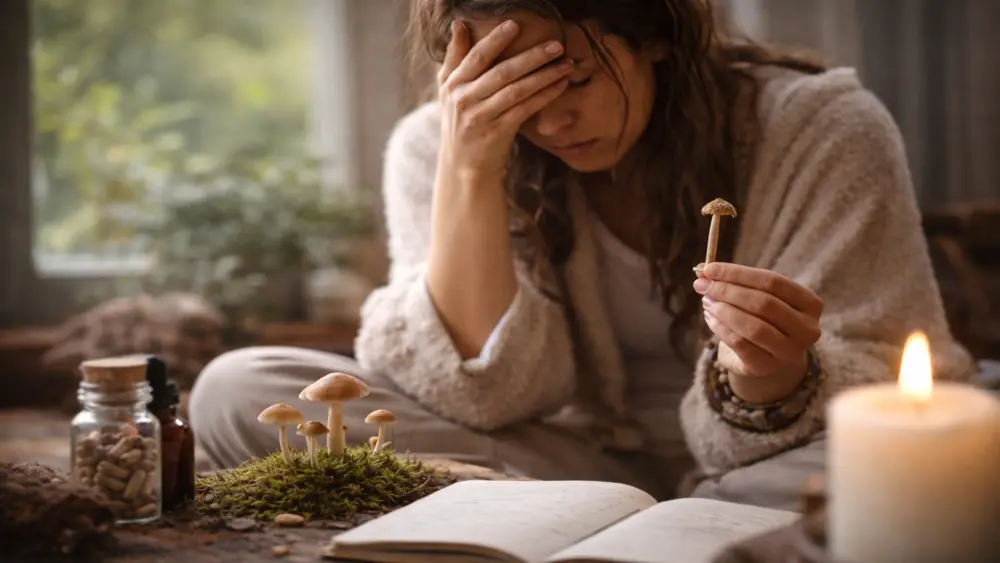 Une personne en proie &agrave; une profonde introspection, le microdosage et la psilocybine symbolisant cette prise de conscience.