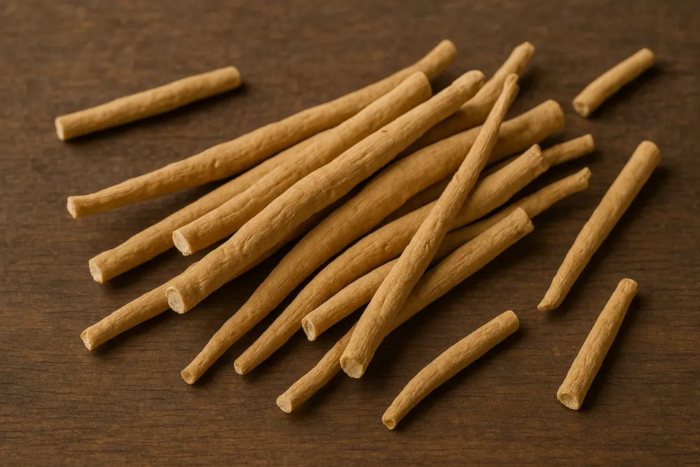 Des racines d’ashwagandha séchées sont dispersées sur une surface en bois, dans des tons chauds et terreux, avec une texture clairement visible.