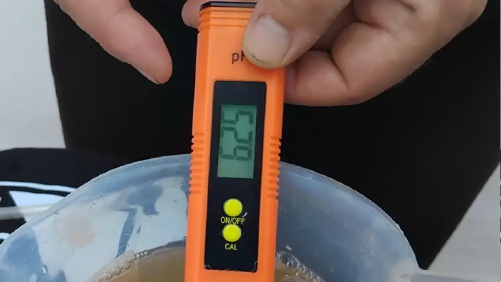 Ce cultivateur utilise un stylo pH numérique pour vérifier la solution nutritive avant l’arrosage