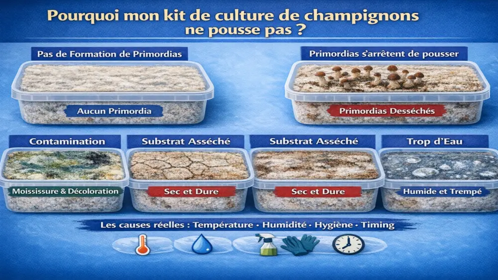 Infographie expliquant les problèmes d’un kit de culture de champignons, notamment l’absence de primordia, le dessèchement des pins, la moisissure, la décoloration, la déshydratation et l’excès d’humidité. Les causes principales sont la température, l’humidité, l’hygiène et le timing.