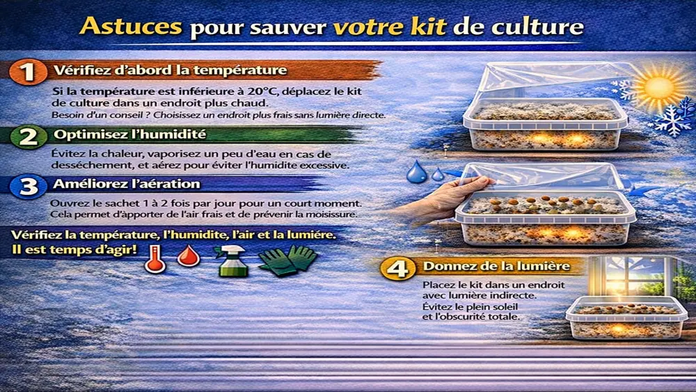 Infographie avec des conseils pour sauver un kit de culture de champignons, notamment vérifier la température, améliorer l’humidité, augmenter la ventilation, utiliser une lumière indirecte et reconnaître la contamination.