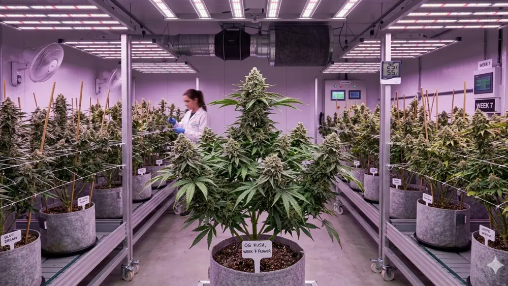 Plants de cannabis en floraison sous un cycle lumineux de 12 heures de lumière et 12 heures d'obscurité