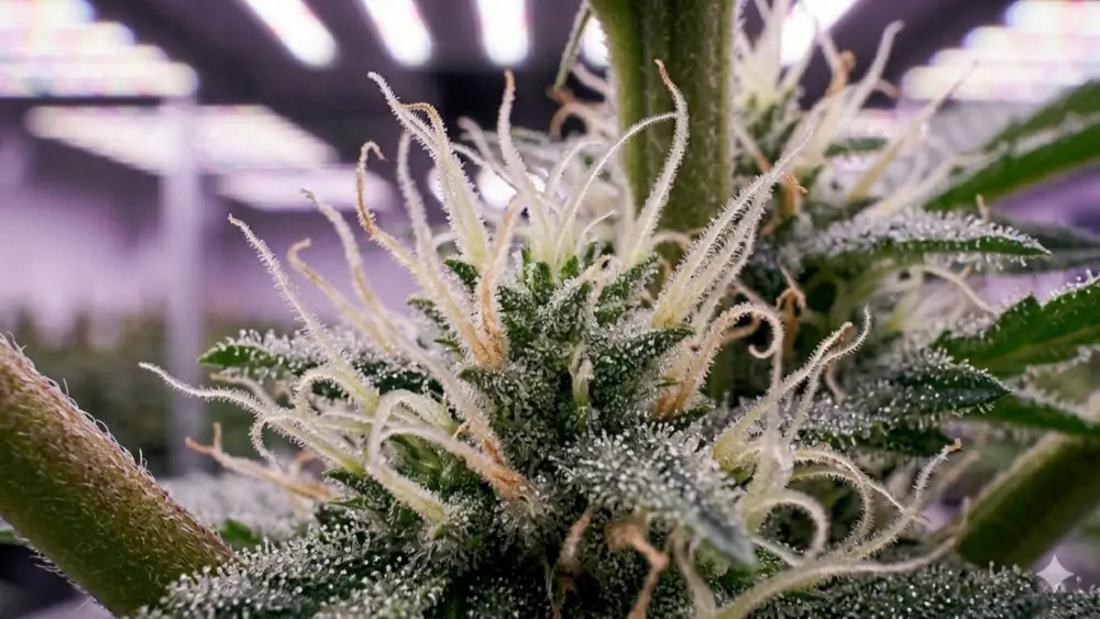Têtes de cannabis en floraison avec des trichomes résineux et des bractées bien développées