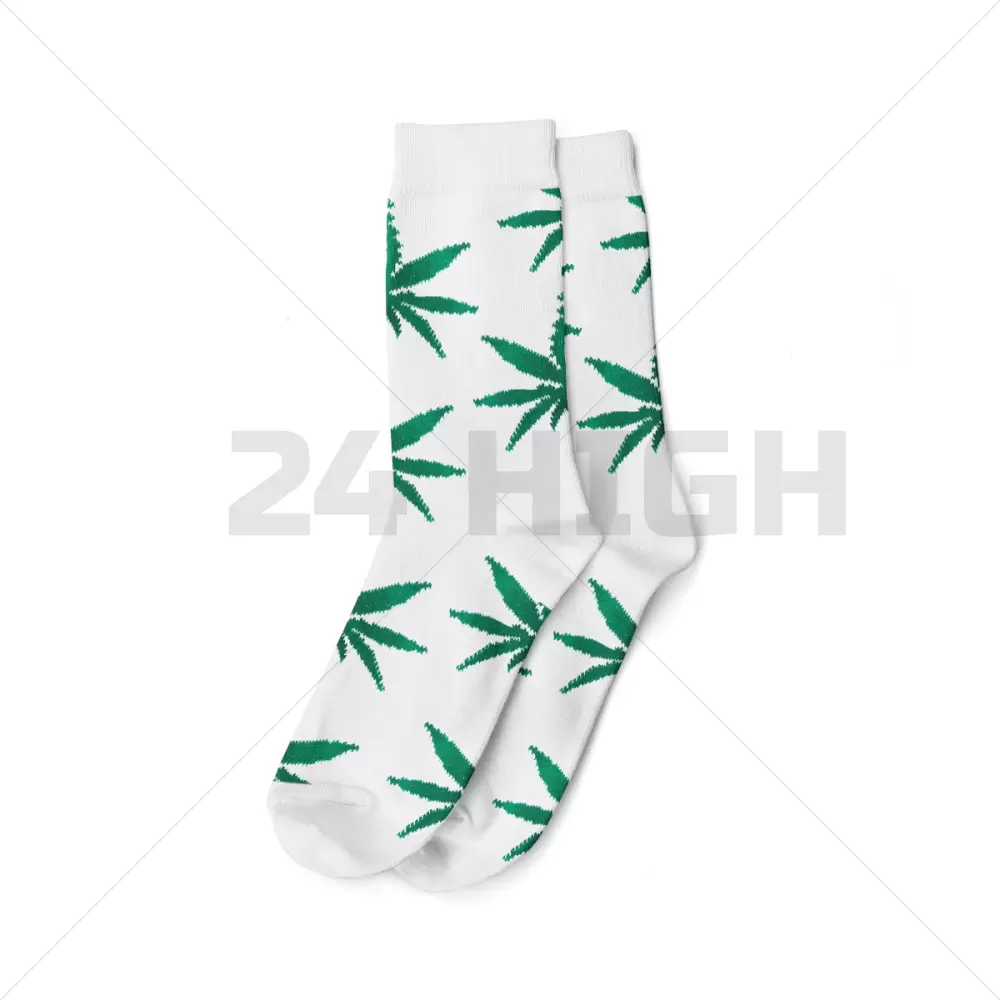 Chaussettes longues Taille (40-45) Blanc/Vert - Feuilles de cannabis
